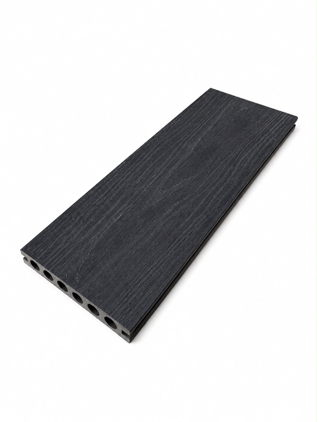 Capped charcoal composite decking board finish